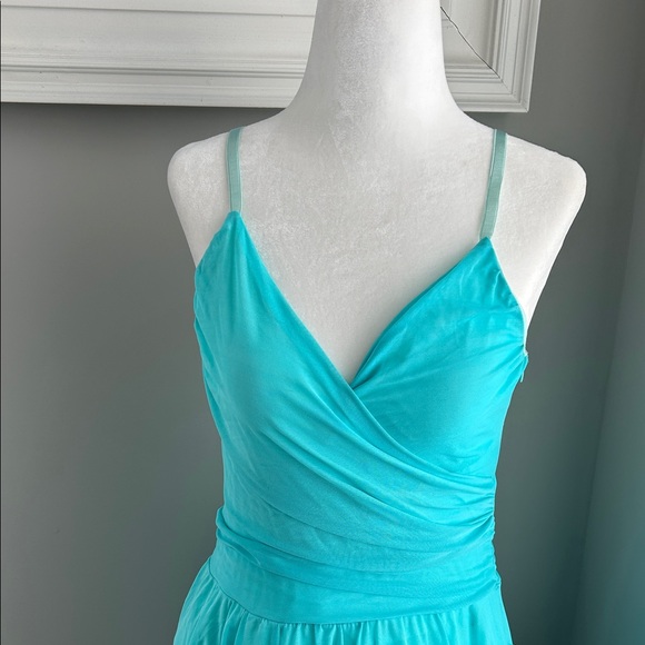 Vintage Necessary Objects Turquoise Faux Wrap Mesh Formal Midi Dress - Picture 3 of 15